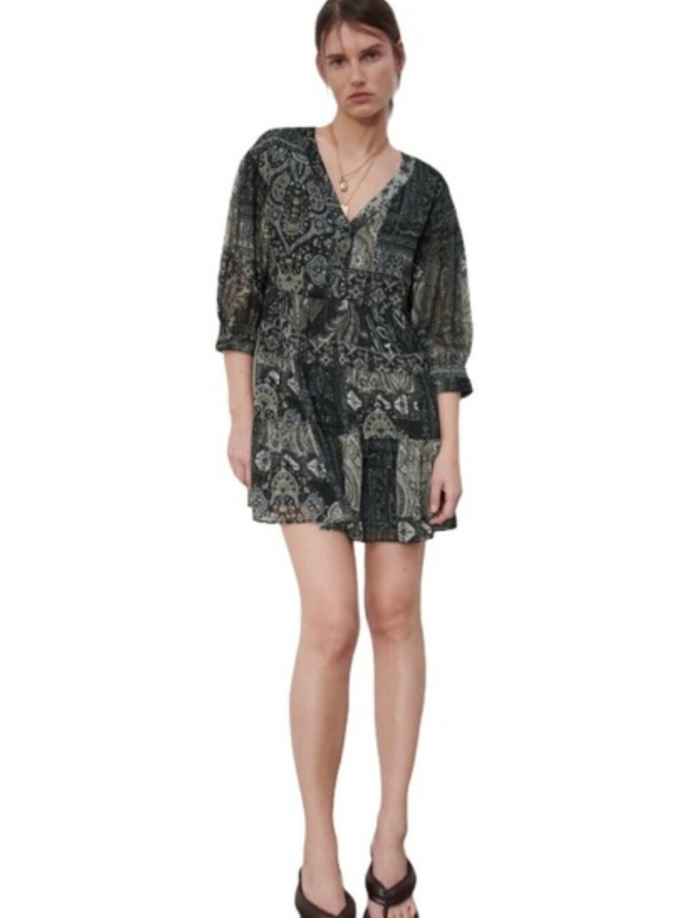 Zara Paisley Ruffle Hem Glitter V-Neck Boho Mini Dress